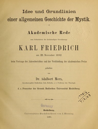 Idee und Grundlinien einer allgemeinen Geschichte der Mystik
